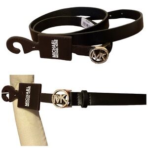 🚨 NWT Michael Kors Black Belt w/Gold Emblem Rhinestone Buckle Size Large